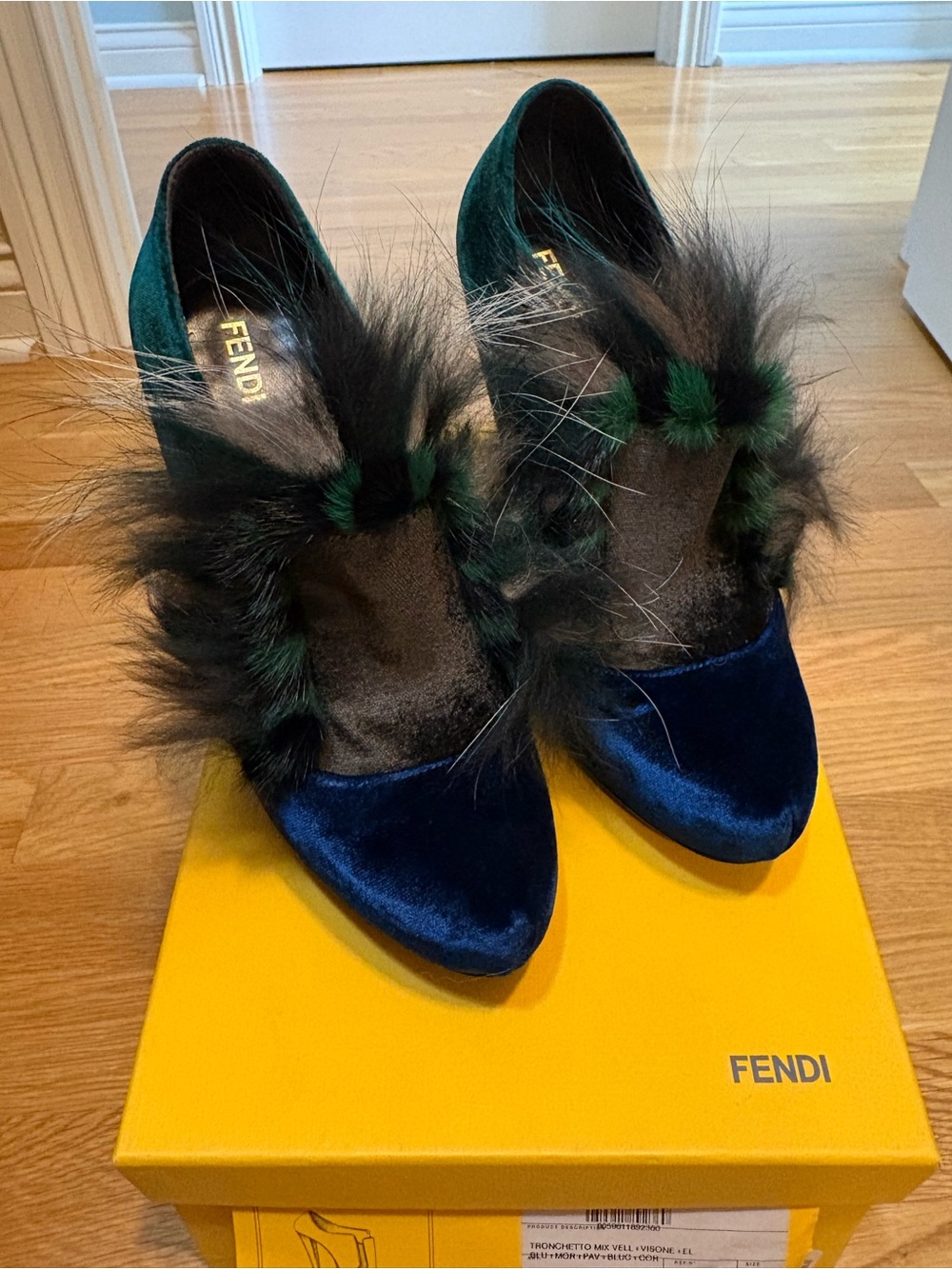 Fendi Blue Velvet Mules with Green Fur Trim